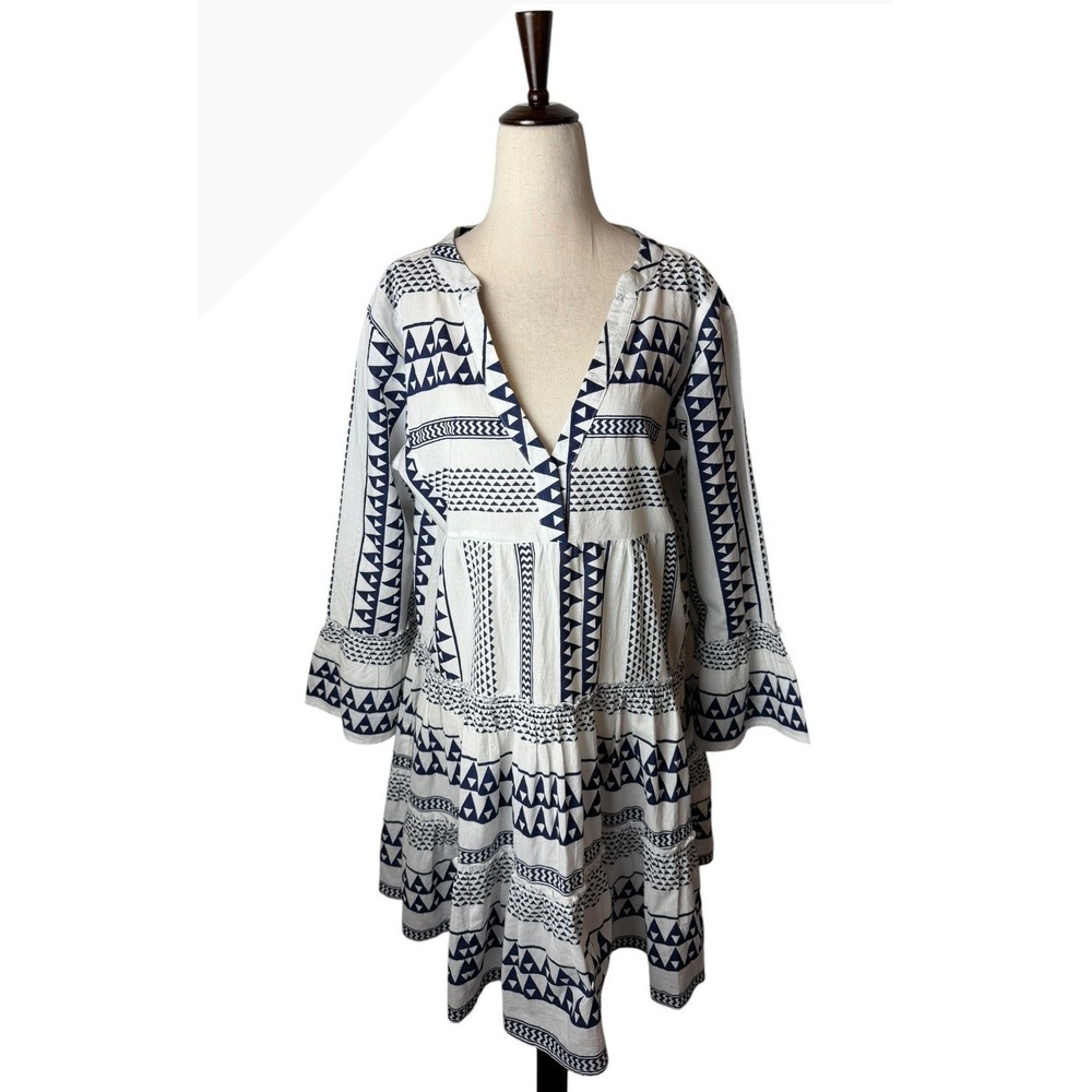 Bindu Anthropologie Geometric Tribal Tiered Mini Dress Women Medium Blue White - Picture 2 of 11